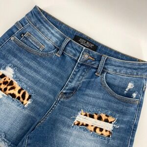 Judy Blue Denim Shorts Leopard Patch‎ Distressed Frayed Hem Womens Small